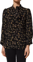 Black Keys Print Silk Tie Neck Blouse Top 2