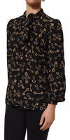 Black Keys Print Silk Tie Neck Blouse Top 3