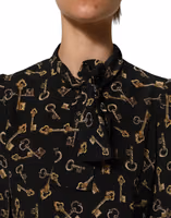 Black Keys Print Silk Tie Neck Blouse Top 5