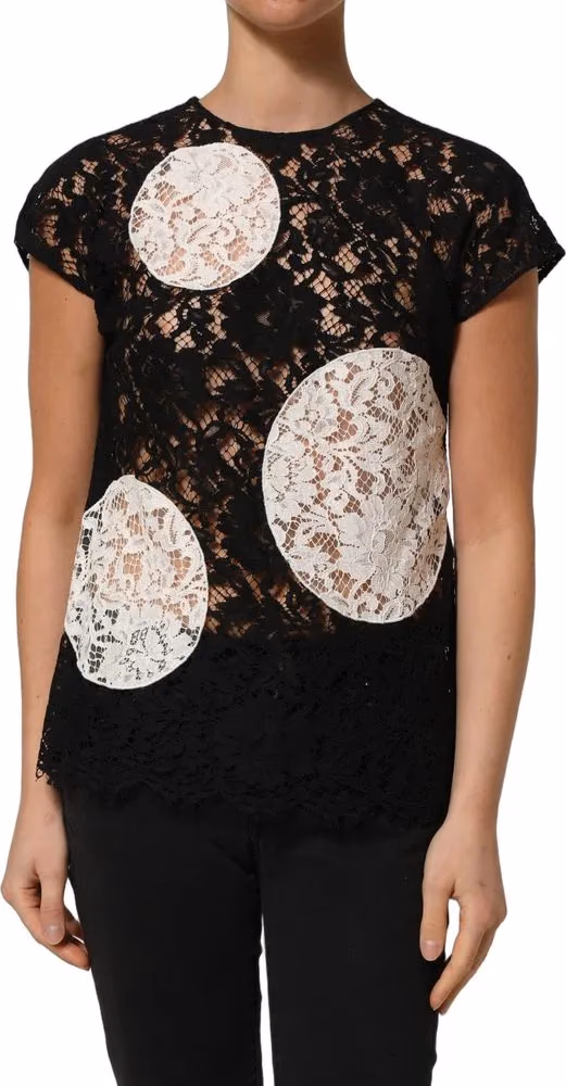 Black White Floral Lace Short Sleeve Blouse Top