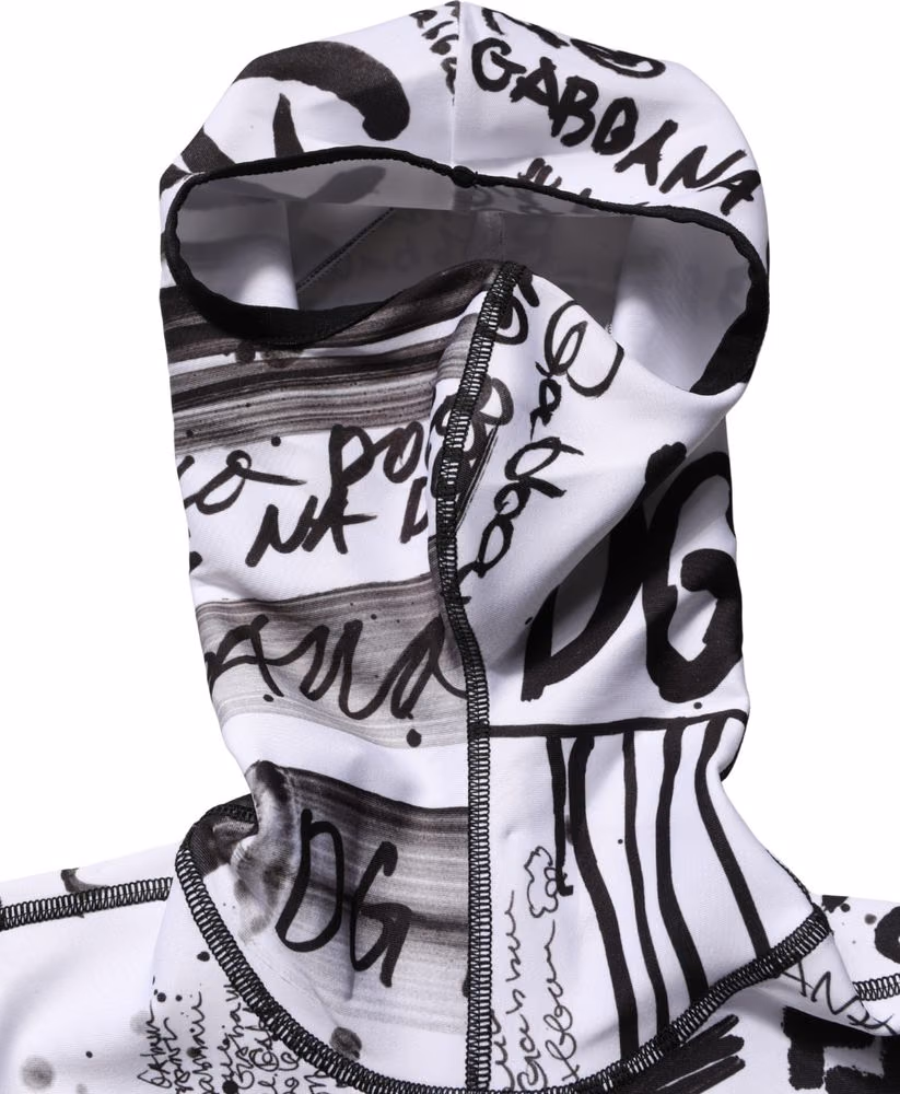 White Jersey Graffiti Print Balaclava Hood Sweater