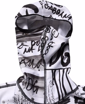 White Jersey Graffiti Print Balaclava Hood Sweater
