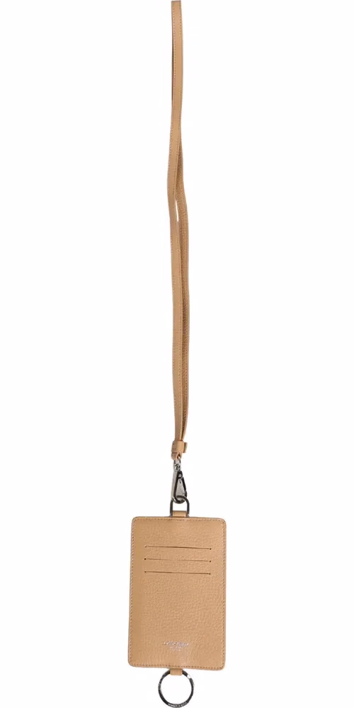 Beige Leather Logo Embossed Lanyard Card Holder Wallet