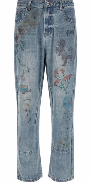 Blue Cotton Straight-Leg Jeans