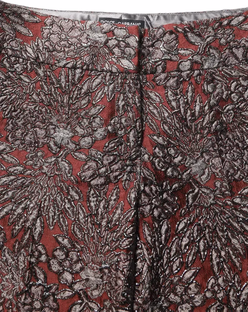 Burgundy Grey Floral Jacquard Straight Pants