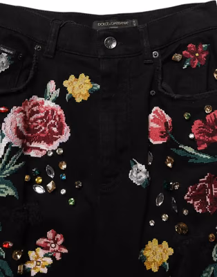 Black Floral Cotton High Waist Tapered Pants