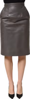 Gray Leather High Waist Pencil Cut Midi Skirt 2