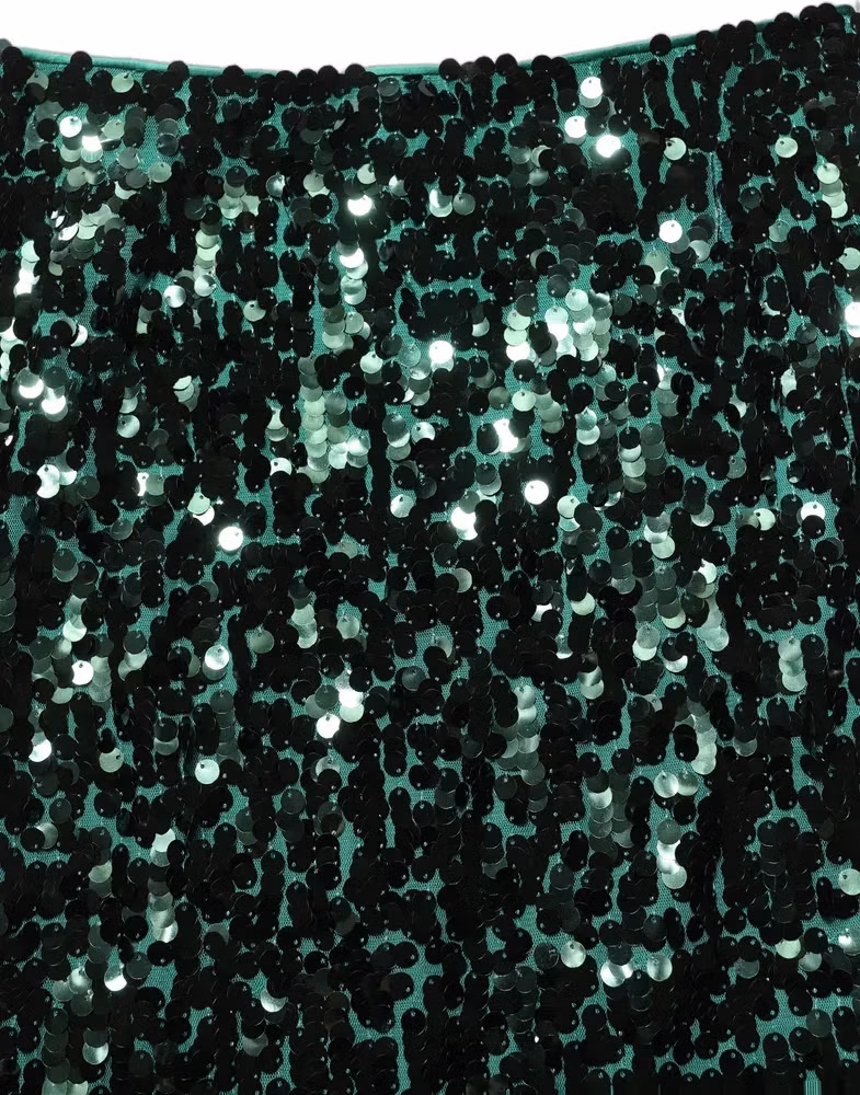 Green Sequin High Waist Pencil Cut Midi Skirt