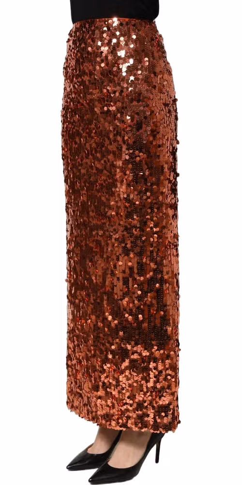 Bronze Sequin HighWaist PencilCut Midi Skirt