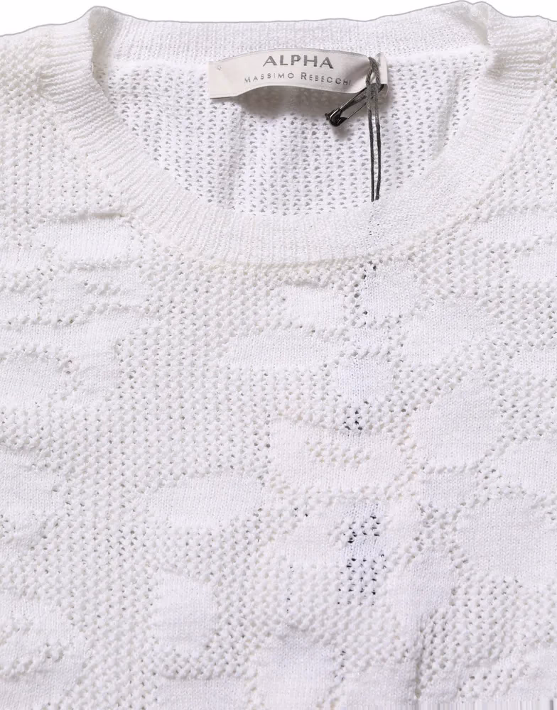 White Floral Lace Knit Fabric Short Sleeves Blouse Top