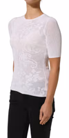 White Floral Lace Knit Fabric Short Sleeves Blouse Top 3