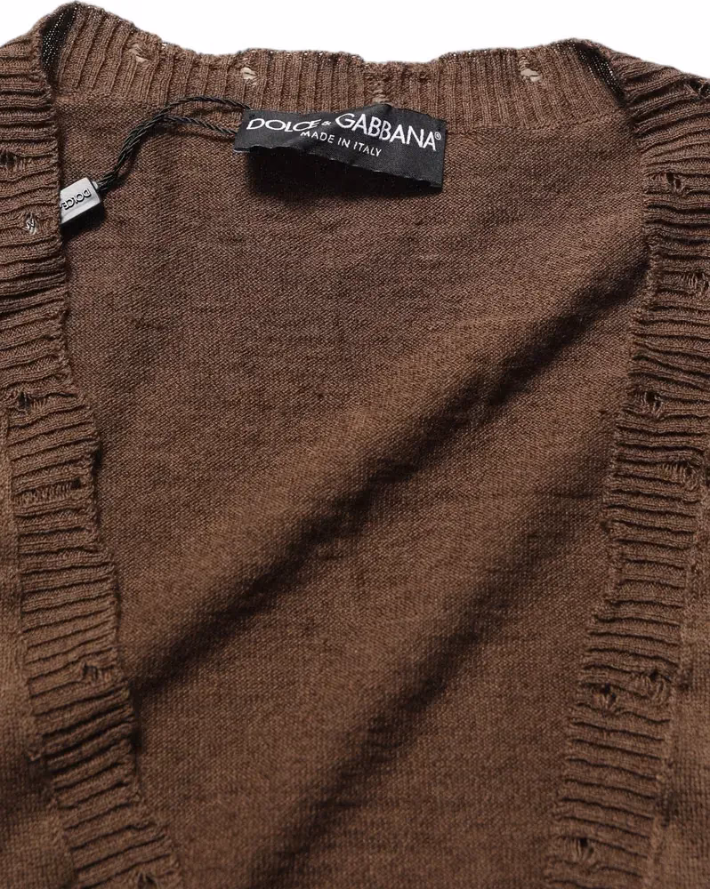 Brown Flax Buttoned V-neck Pullover Sweater