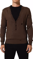 Brown Flax Buttoned V-neck Pullover Sweater 2