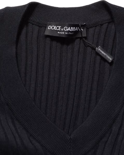 Black Silk Blend V-neck Pullover Men Sweater