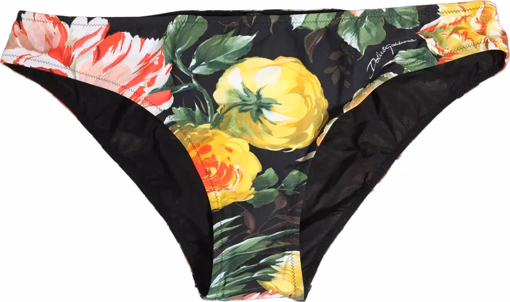 Black Nylon Floral Print Bikini Bottom Swimwear