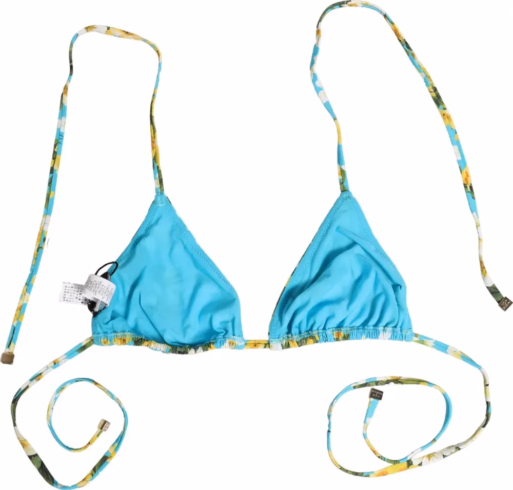 Blue Floral Print Nylon Halter Bikini Top Swimwear