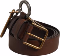 Men Brown Leather Gold Buckle Carabine Belt 2