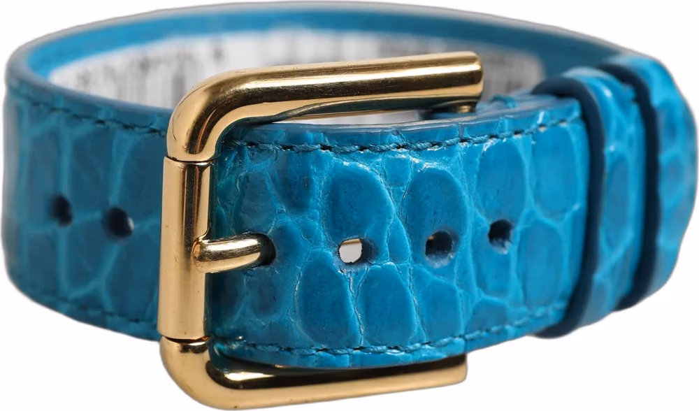 Blue Embossed Leather Gold Buckle Belt Strap Bracelet