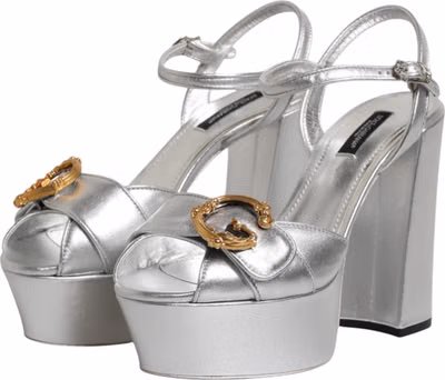 Silver Logo Ankle Strap Heels Sandals Shoes