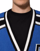 Blue Cotton Logo Patch Ribbed Knit Cardigan Sweater 1