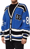 Blue Cotton Logo Patch Ribbed Knit Cardigan Sweater 3