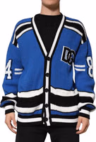 Blue Cotton Logo Patch Ribbed Knit Cardigan Sweater 5