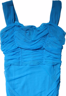 Blue Ruched Tulle Midi Square Neck Dress