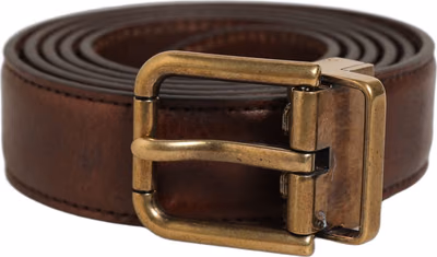 Brown Leather Gold Tone Metal Buckle Belt
