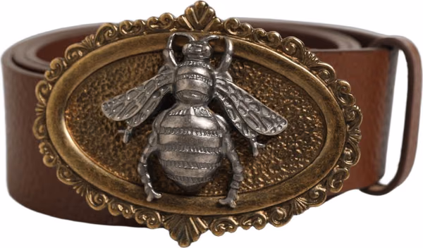 Brown Leather Bee Accent Metal Buckle Belt