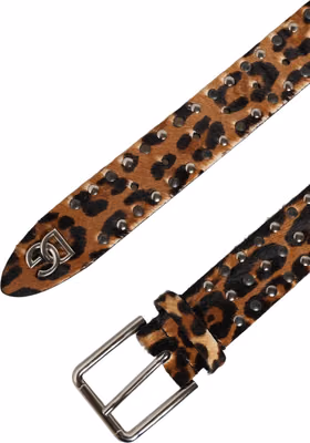 Brown Leopard Calf Hair Studs Metal Buckle Belt