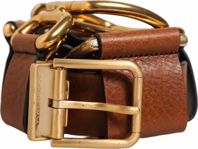 Brown Leather Gold Metal Rings Buckle Belt