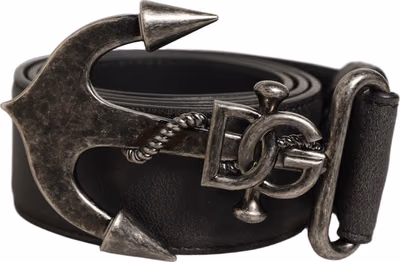 Black Leather Anchor Logo Metal Buckle Belt