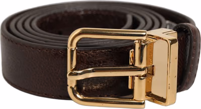Men Brown Leather Gold Tone Metal Buckle Belt