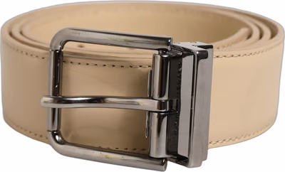 Beige Leather Silver Tone Metal Buckle Belt