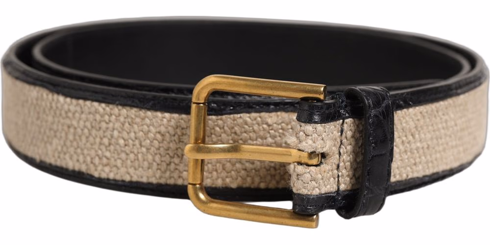 Beige Black Woven Leather Metal Buckle Belt