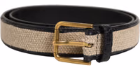 Beige Black Woven Leather Metal Buckle Belt 1