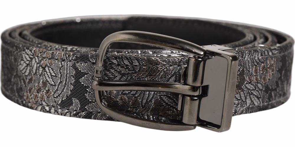 Silver Black Floral Jacquard Metal Buckle Belt