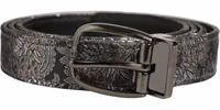 Silver Black Floral Jacquard Metal Buckle Belt 1