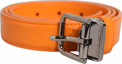 Orange Leather Silver Tone Metal Buckle Belt