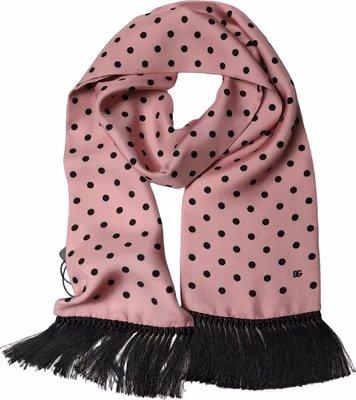 Pink Polka Dot Silk Fringed Lace Stole Scarf