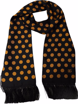Men Black Orange Polka Dot Fringed Lace Stole Scarf