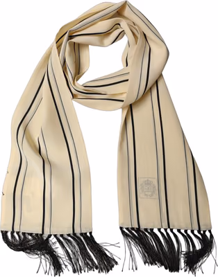 Beige Silk Striped Fringed Neck Shawl Scarf