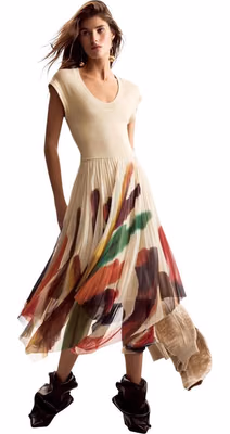 Beige Polyester Long Dress