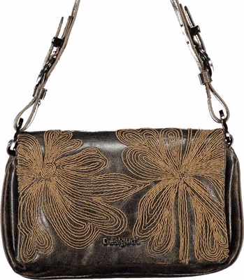 Brown Polyurethane Women's Bag with Embroidery and Magnet Closure
