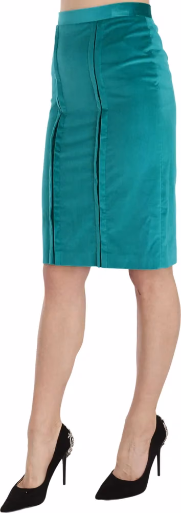 Green Solid Twill Knee Length Pencil Midi Skirt