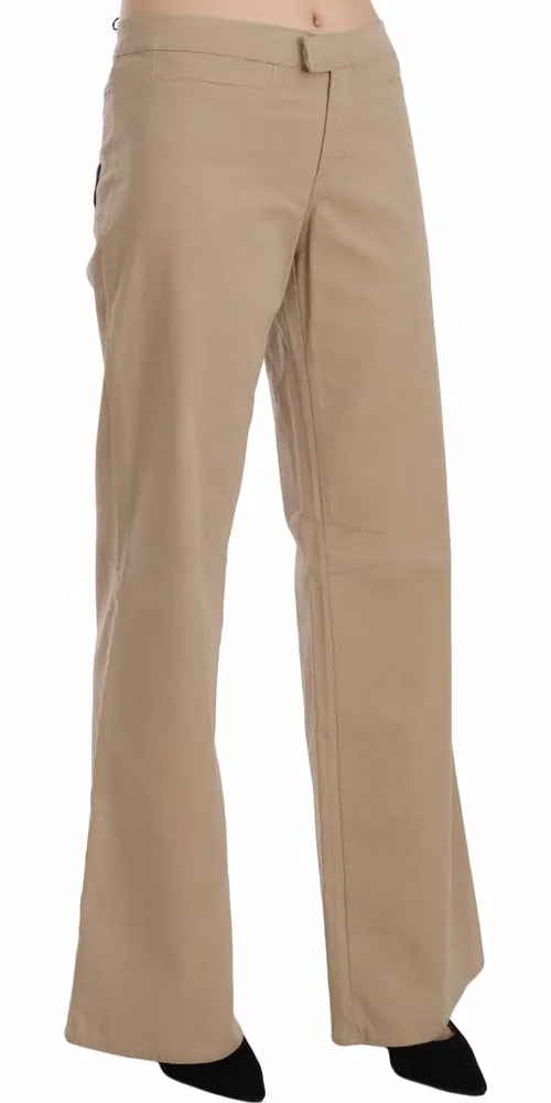 Beige Cotton Mid Waist Flared Trousers Pants