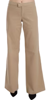 Beige Cotton Mid Waist Flared Trousers Pants 4
