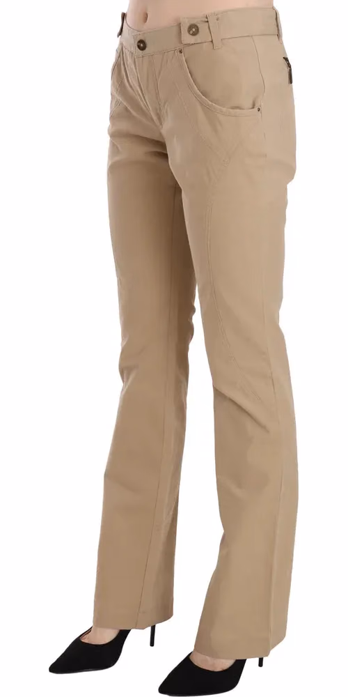 Beige Cotton Mid Waist Straight Trousers Pants
