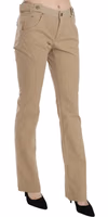 Beige Cotton Mid Waist Straight Trousers Pants 4