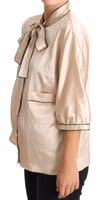 Beige Ribbon Silk Stretch Top Blouse 2